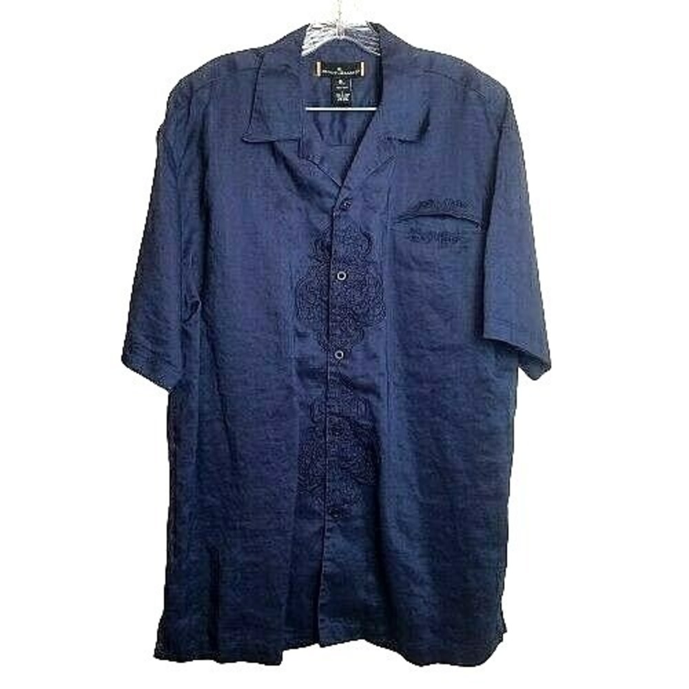 Stacy Adams Mens Button Camp Shirt LARGE Blue Ramie Short Sleeve Pocket Casual - Picture 1 of 6